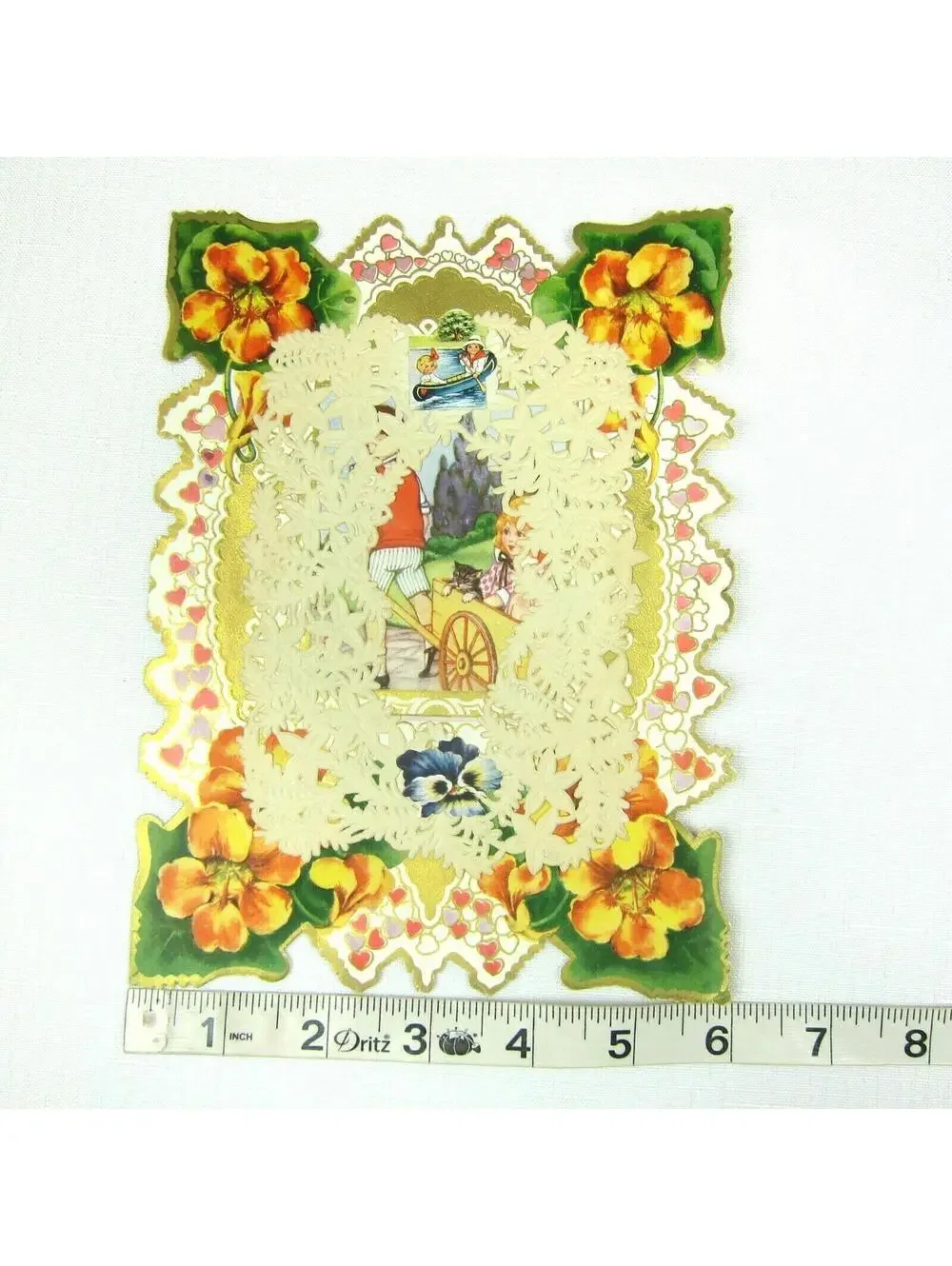 Vintage Valentine 1920s Die Cut Paper Lace XL Boy Wheelbarrow Girl & Cat Fishing